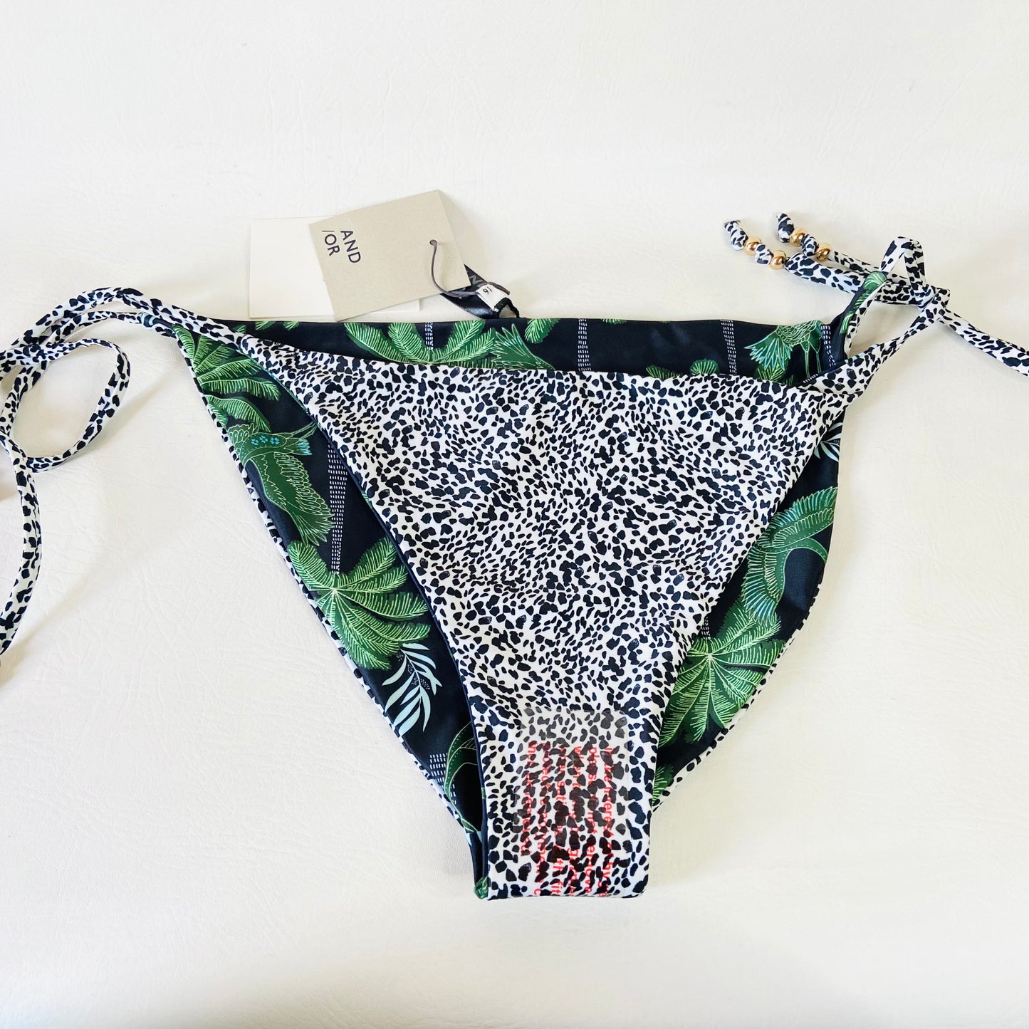 John Lewis AND/OR Tropical Crane Reversible Green & Black String Bikini Brief Bottoms Size 16 NEW
