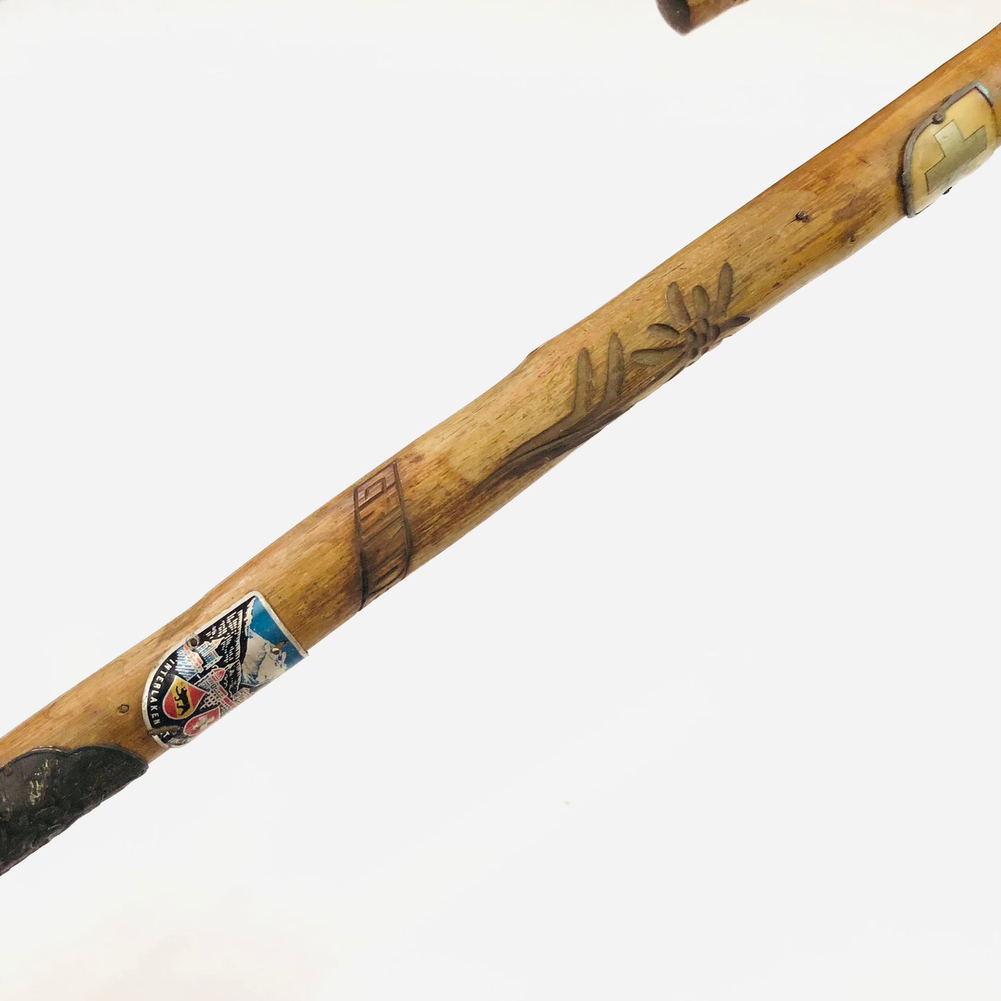 Vintage antique wooden 33 inch Grindelwald walking stick carved & metal badges