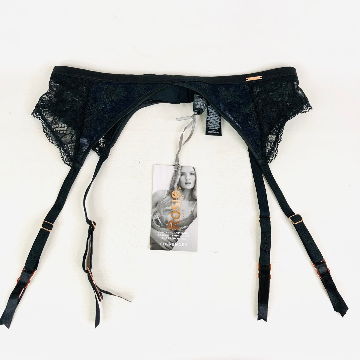 M&S Rosie Marks & Spencer Blue & Black Lace & Satin Suspender Belt Size 10 NEW