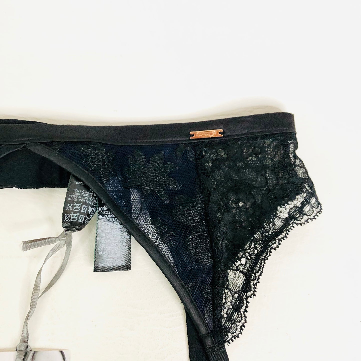 M&S Rosie Marks & Spencer Blue & Black Lace & Satin Suspender Belt Size 10 NEW