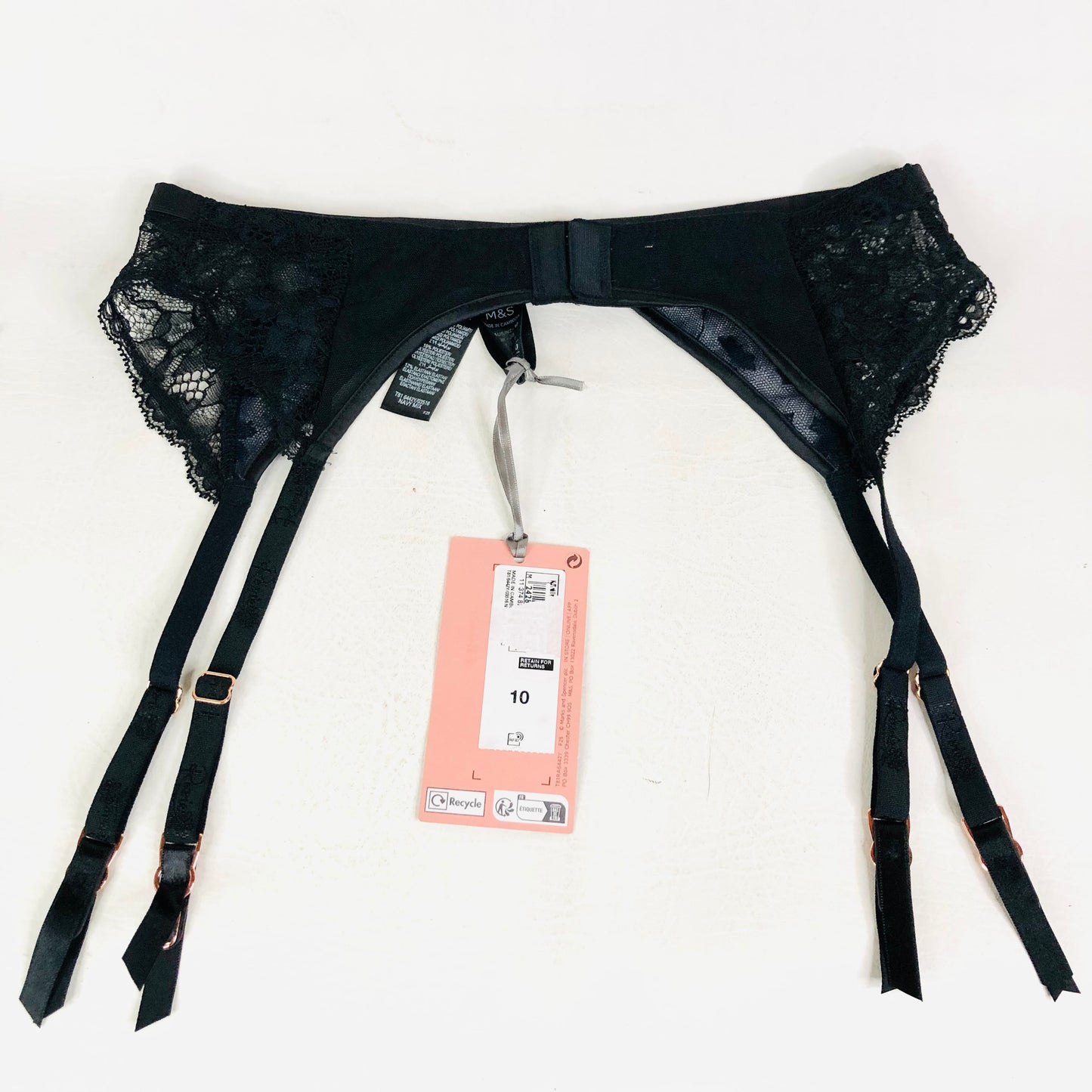 M&S Rosie Marks & Spencer Blue & Black Lace & Satin Suspender Belt Size 10 NEW