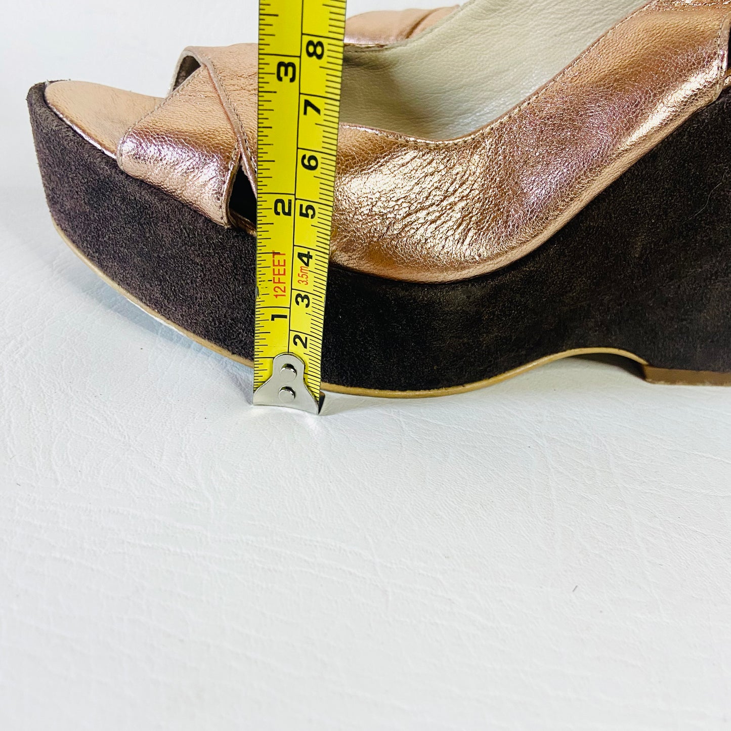 Russell & Bromley | Brown & Metallic Bronze | Leather & Suede High Wedge Heels Platforms | Disco Boho | Size 5 (38)
