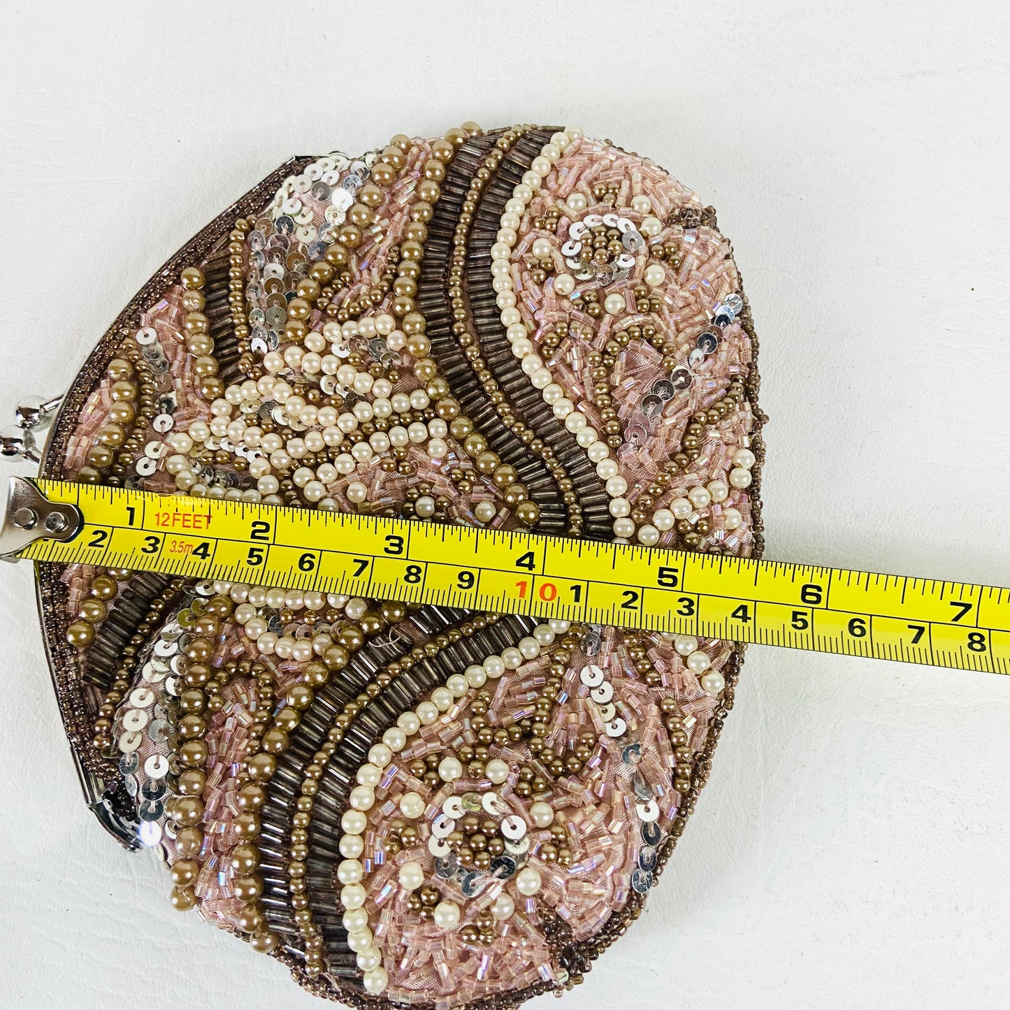 Per Una | Rose Gold | Retro Y2K | Beaded Small Evening Bag | Chain & Top Clasp Fastening