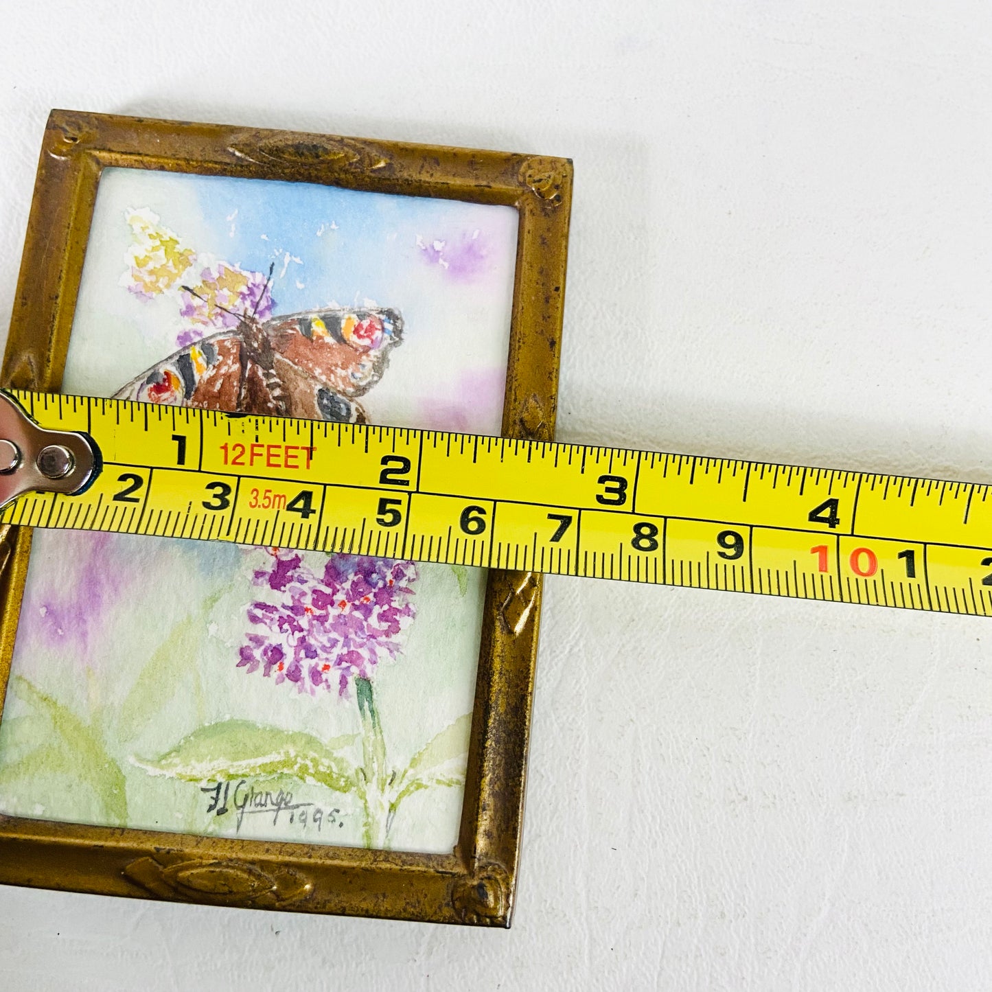 J. Grange | Miniature Watercolour Painting | Peacock Butterfly | Framed | 1995 | 9 x 6.5cm