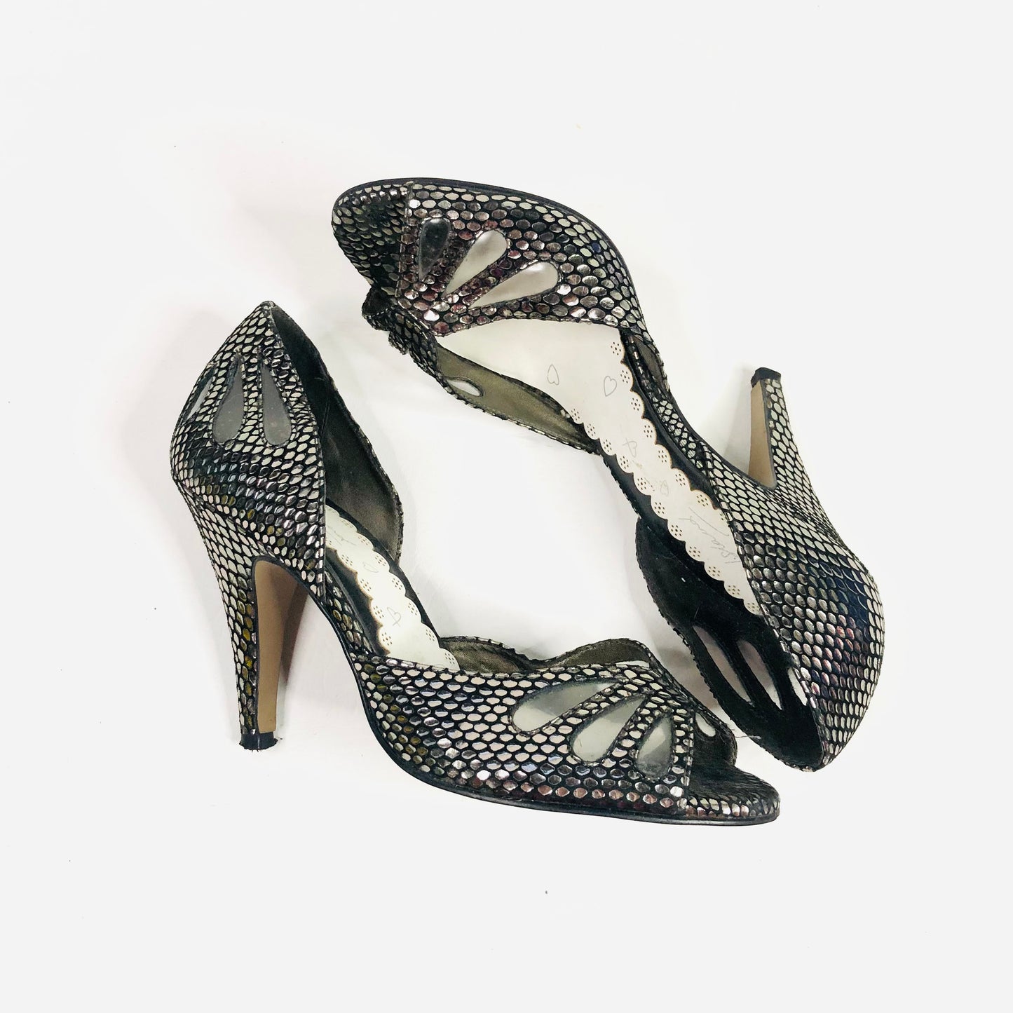 River Island Retro 50s Style Metallic Silver & Grey Peep Toe Heels Size 5 (38)