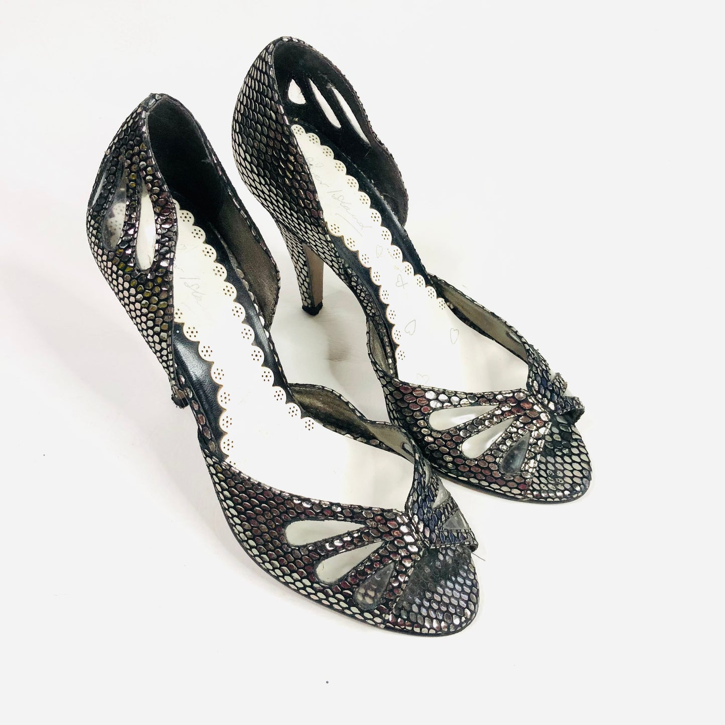 River Island Retro 50s Style Metallic Silver & Grey Peep Toe Heels Size 5 (38)