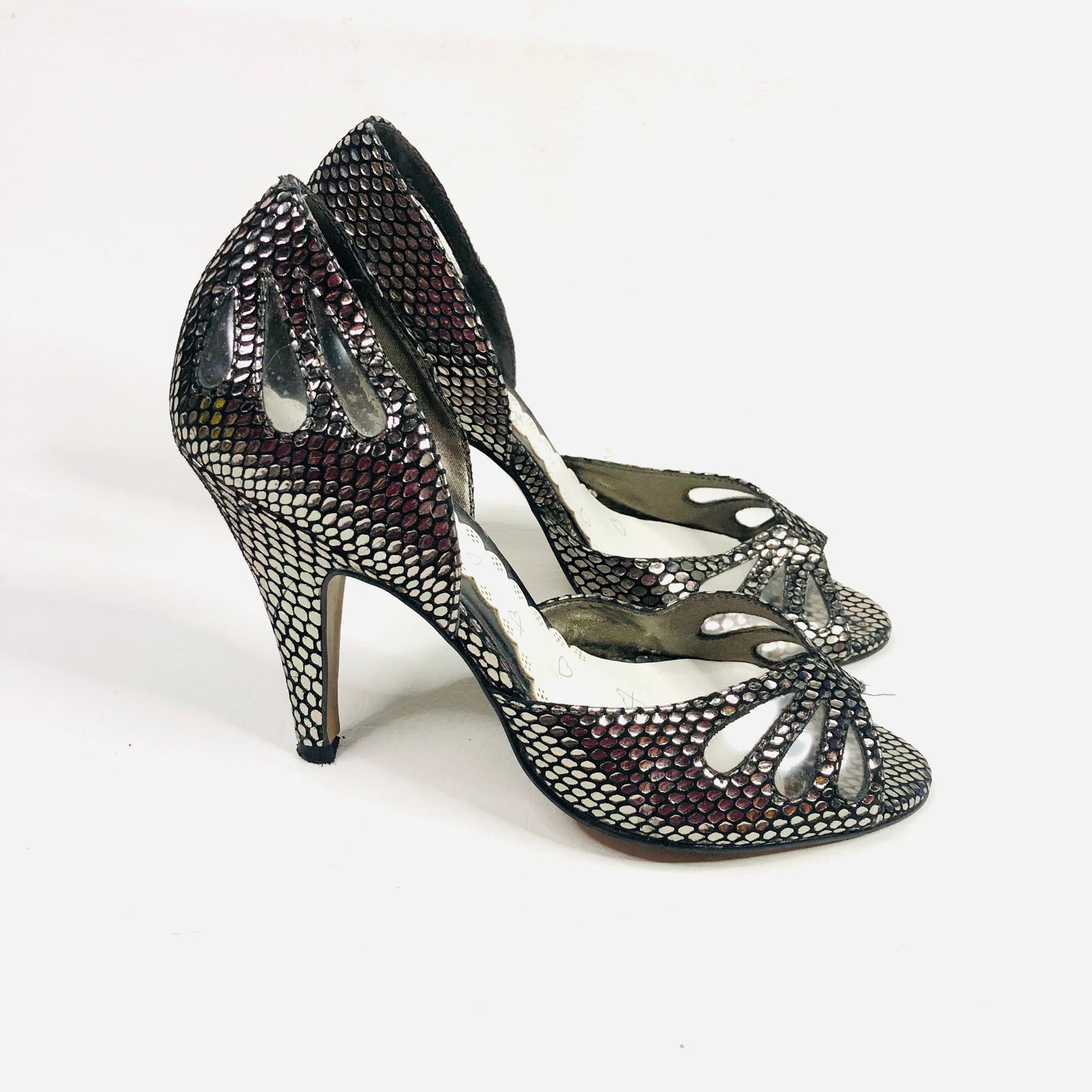 River Island Retro 50s Style Metallic Silver & Grey Peep Toe Heels Size 5 (38)