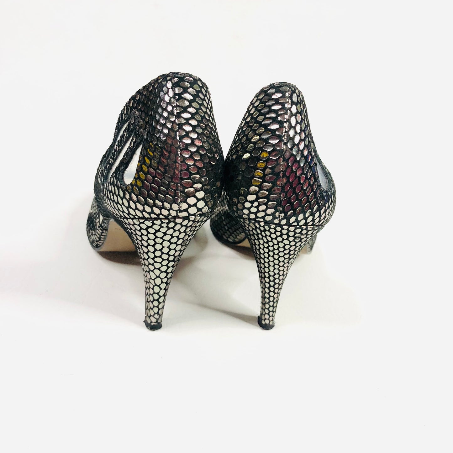 River Island Retro 50s Style Metallic Silver & Grey Peep Toe Heels Size 5 (38)