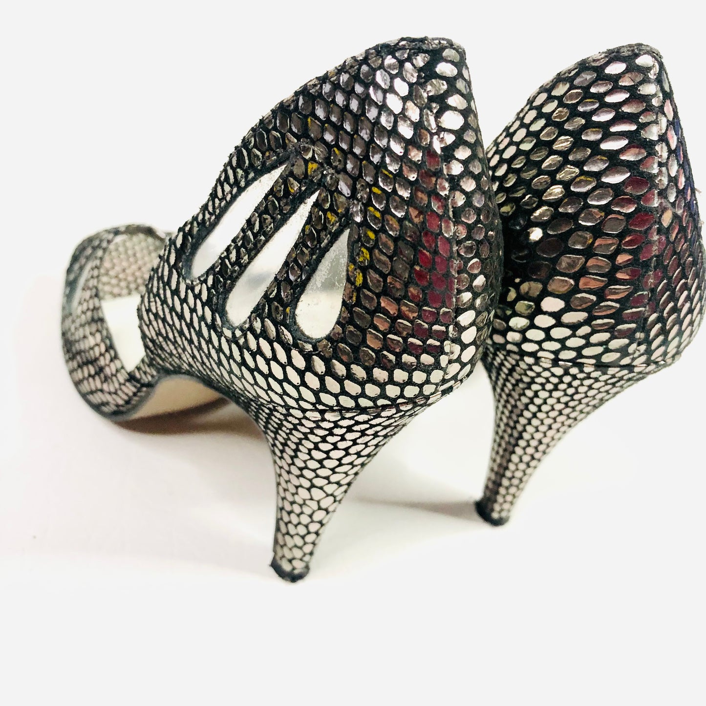 River Island Retro 50s Style Metallic Silver & Grey Peep Toe Heels Size 5 (38)