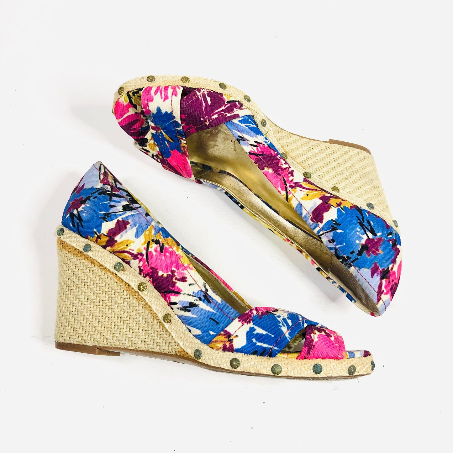 Anne Klein Floral Fabric Wedge Peep Toe Sandals Coastal Sunkiss Tropical Size 5