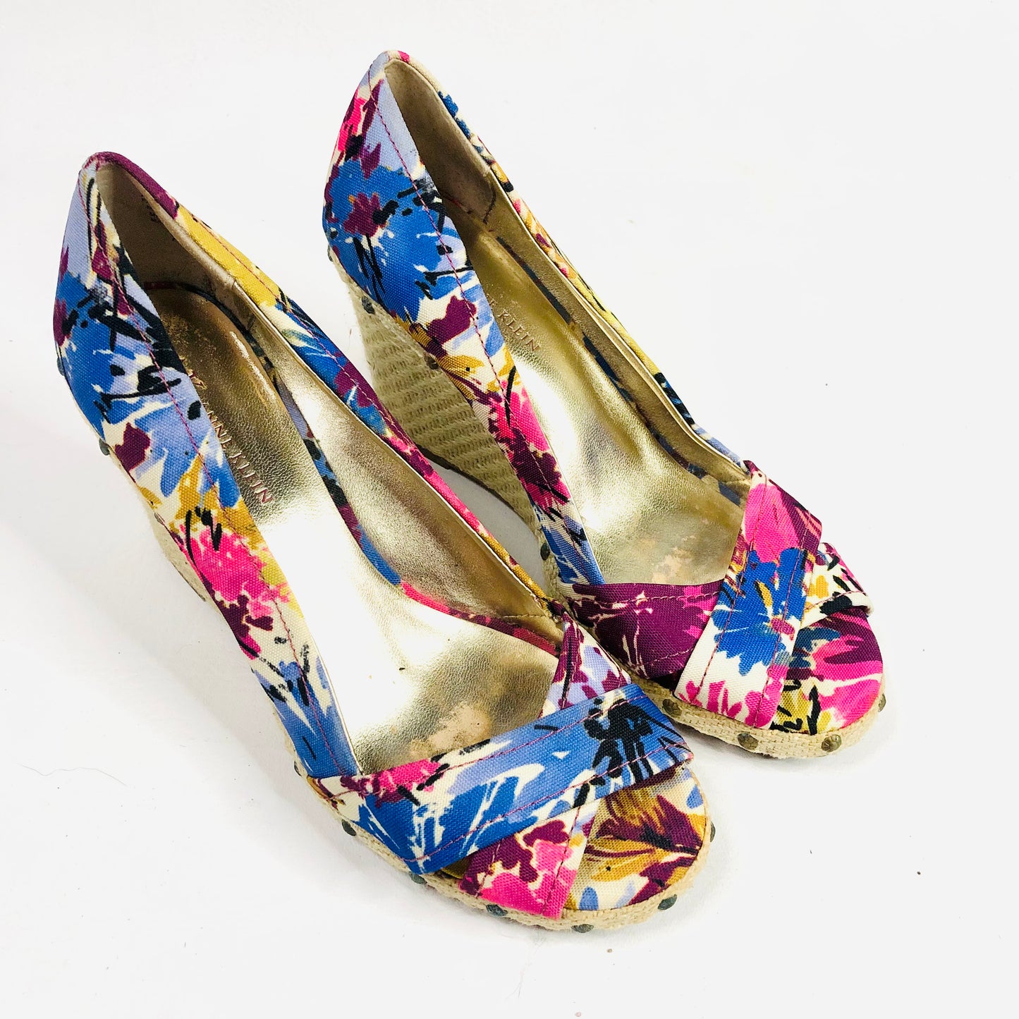 Anne Klein Floral Fabric Wedge Peep Toe Sandals Coastal Sunkiss Tropical Size 5