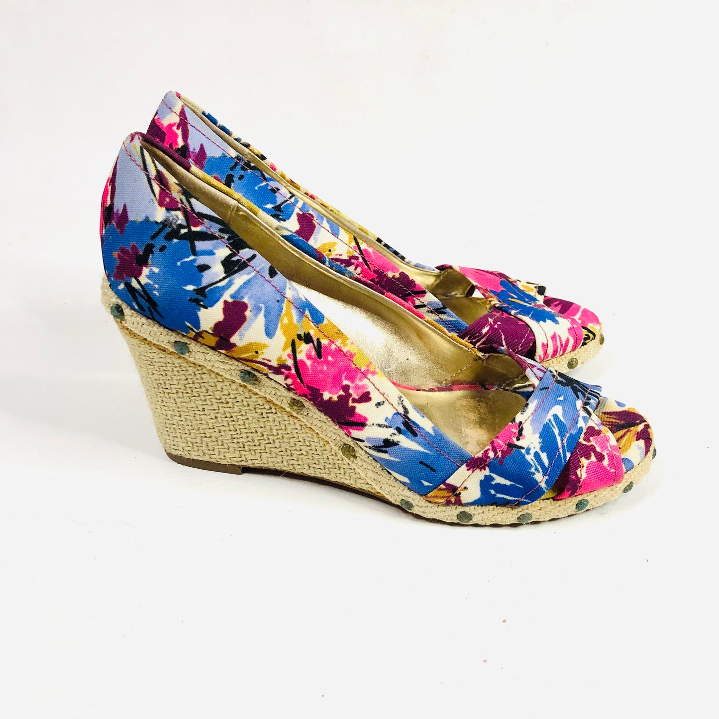 Anne Klein Floral Fabric Wedge Peep Toe Sandals Coastal Sunkiss Tropical Size 5