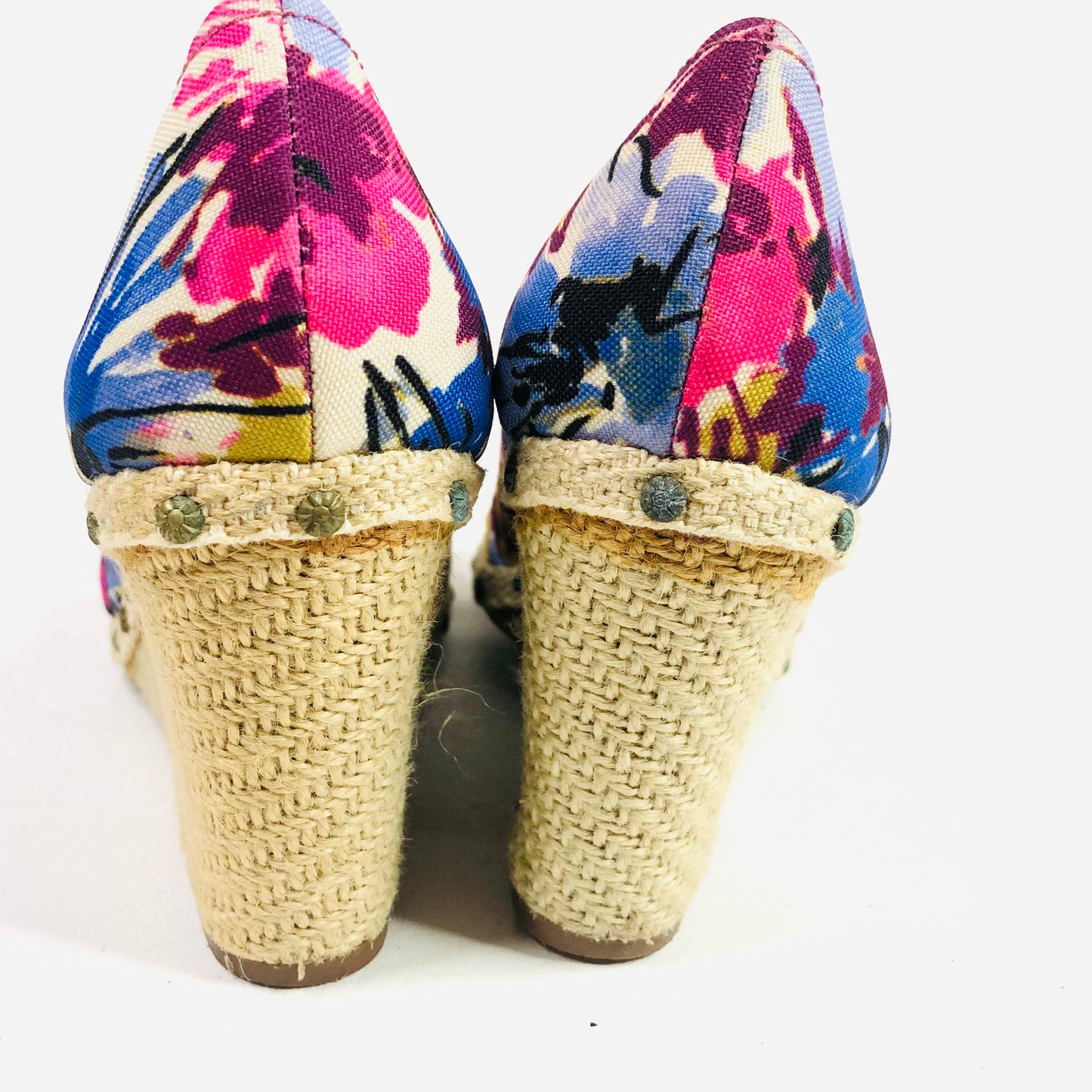 Anne Klein Floral Fabric Wedge Peep Toe Sandals Coastal Sunkiss Tropical Size 5