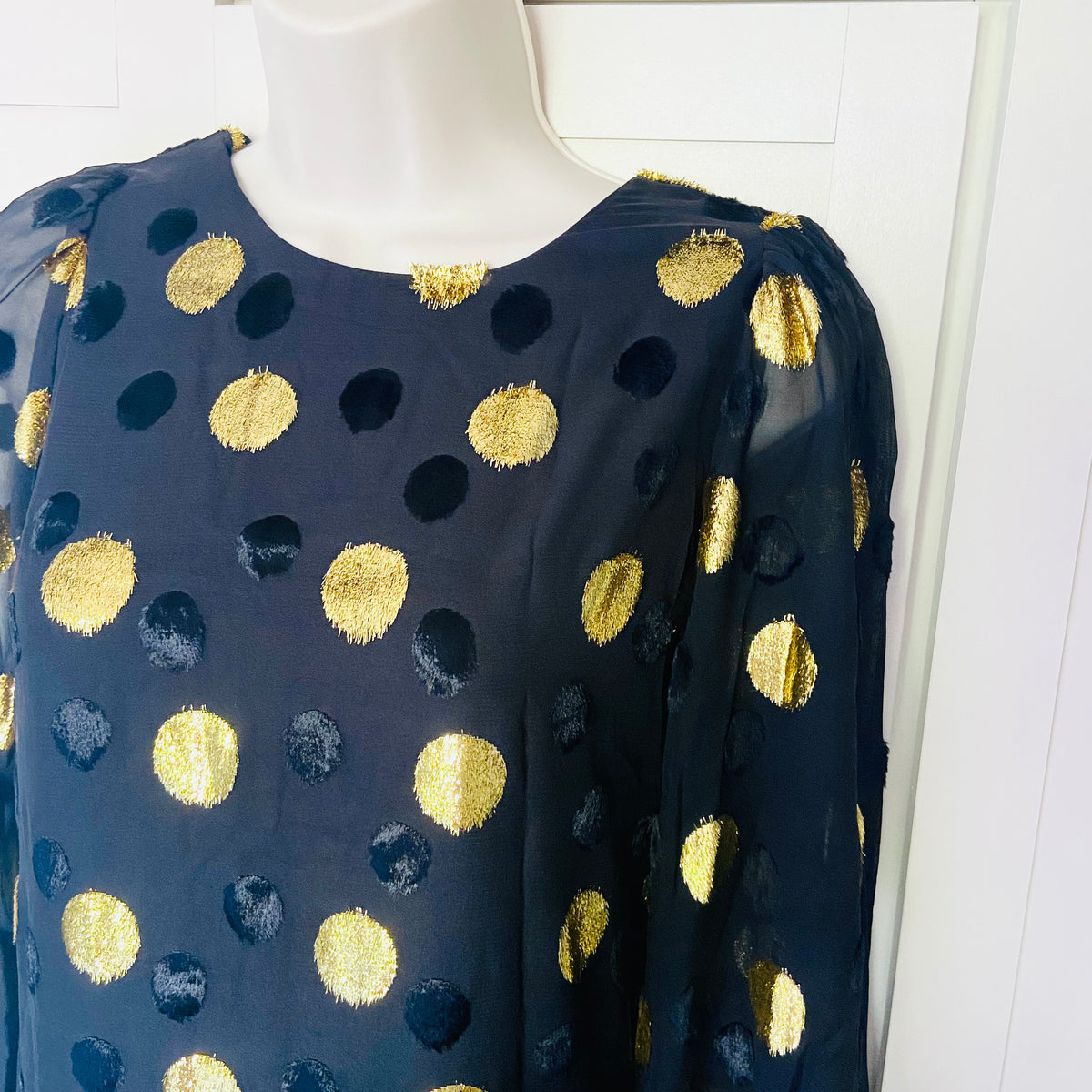 Jaeger (M&S) | Black & Gold Polka Dot | Blouson Sleeve Midi Column Dress | Size 10 | NEW | RRP £135