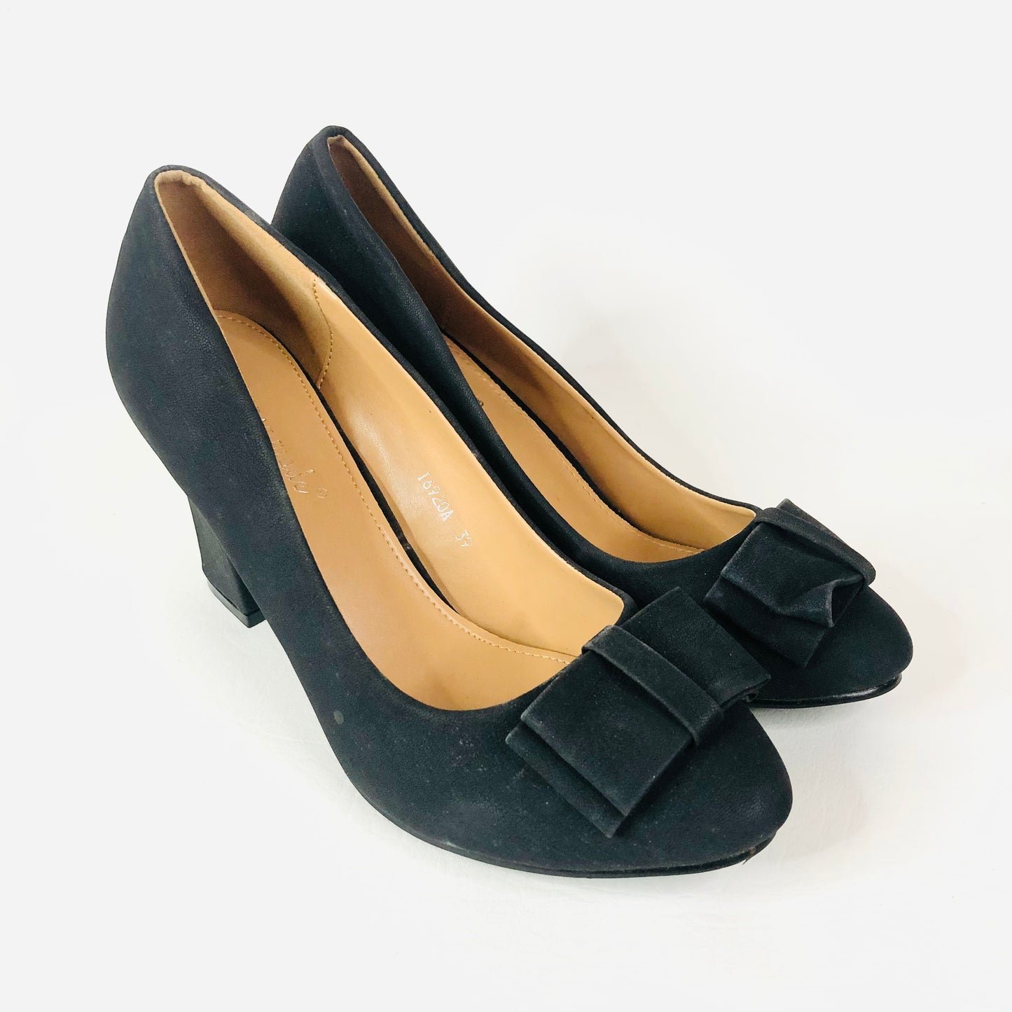 Super Mode Black Faux Suede Block Heel Bow Round Toe Court Shoes Size 39 UK 6