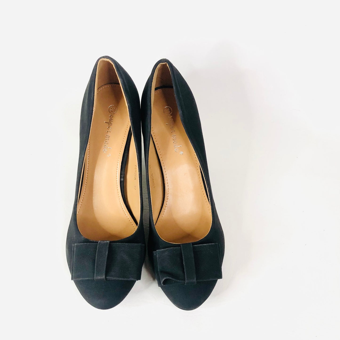 Super Mode Black Faux Suede Block Heel Bow Round Toe Court Shoes Size 39 UK 6
