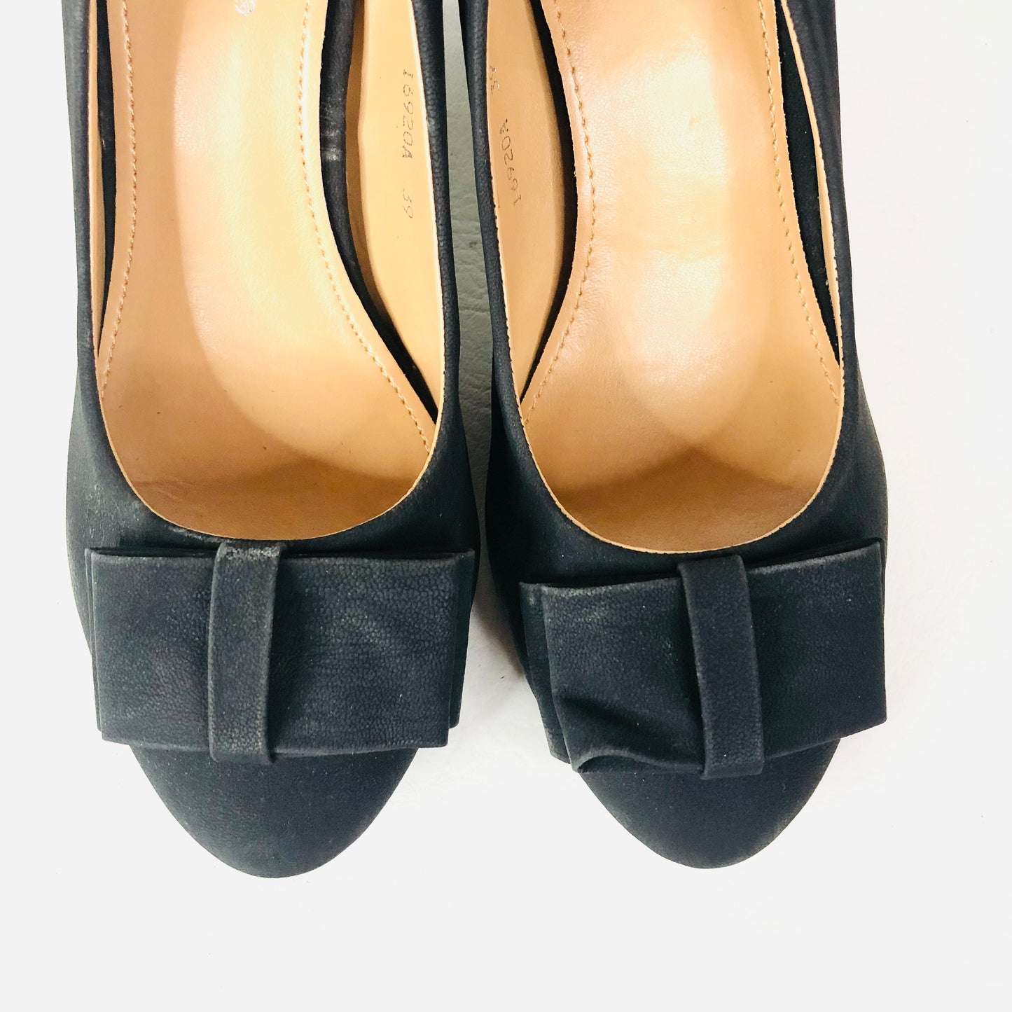 Super Mode Black Faux Suede Block Heel Bow Round Toe Court Shoes Size 39 UK 6