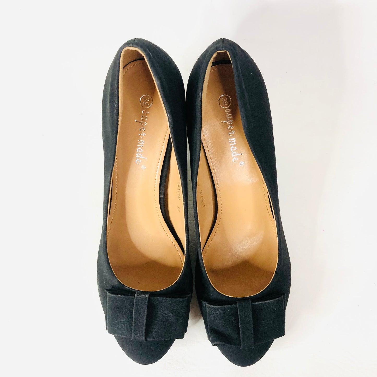 Super Mode Black Faux Suede Block Heel Bow Round Toe Court Shoes Size 39 UK 6