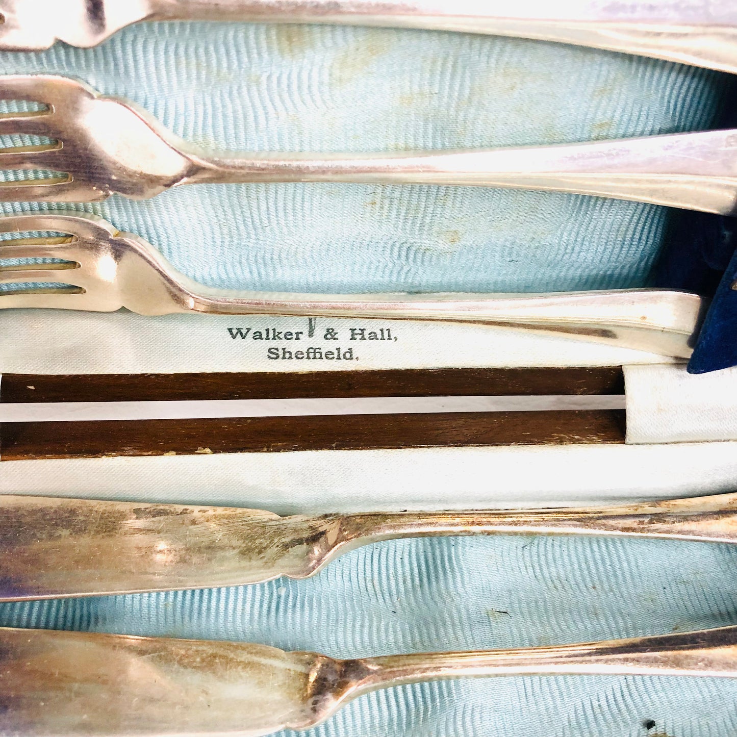 Antique Walker & Hall Silver Plated 12 Piece Fish Knife Set In Box Vintage Retro