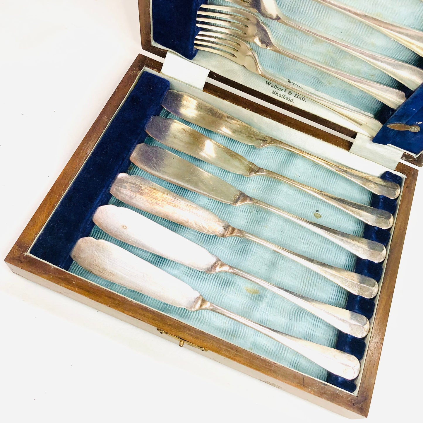 Antique Walker & Hall Silver Plated 12 Piece Fish Knife Set In Box Vintage Retro
