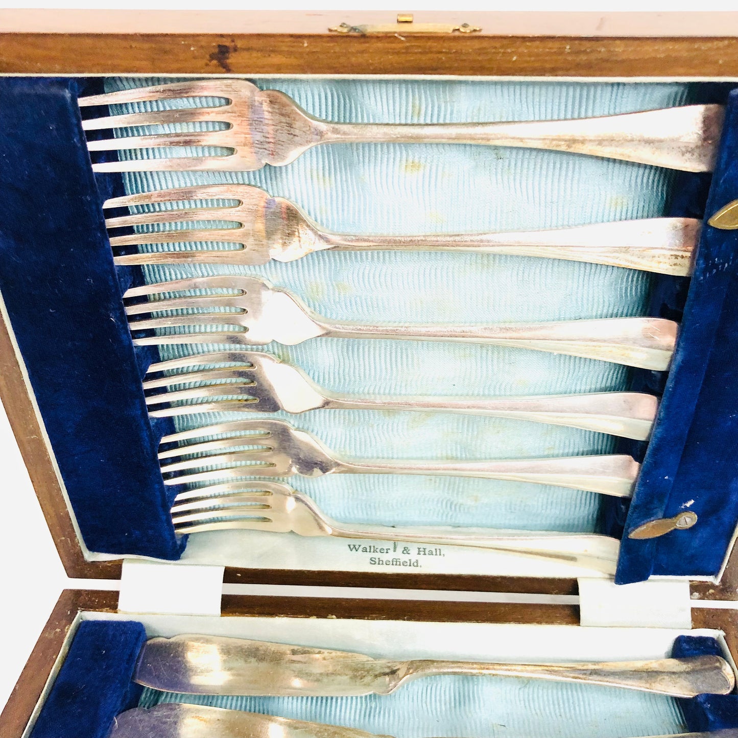 Antique Walker & Hall Silver Plated 12 Piece Fish Knife Set In Box Vintage Retro