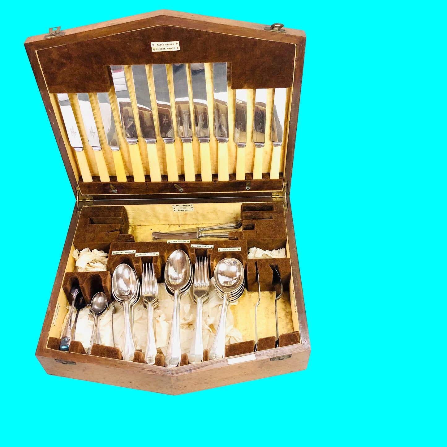 Walker & Hall 1930's art deco oak case silver cutlery canteen 50 piece Vintage