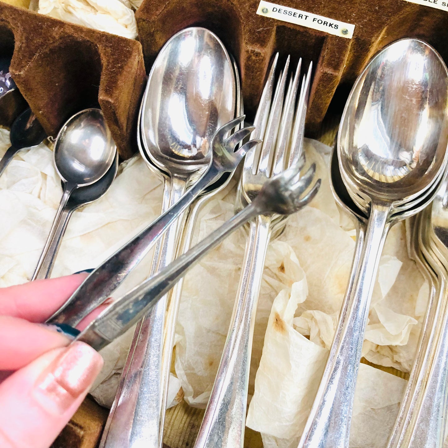 Walker & Hall 1930's art deco oak case silver cutlery canteen 50 piece Vintage