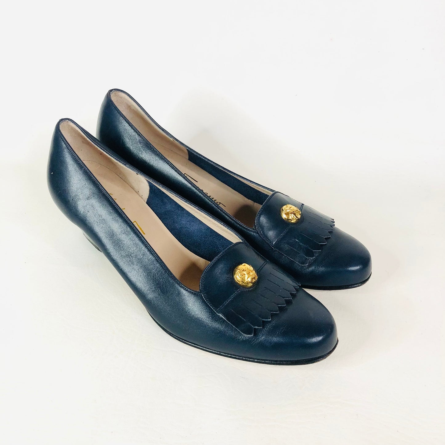 Salvatore Ferragamo Italy Navy Blue Logo Penny Loafer Fringe Heels Size 7B (UK 4)
