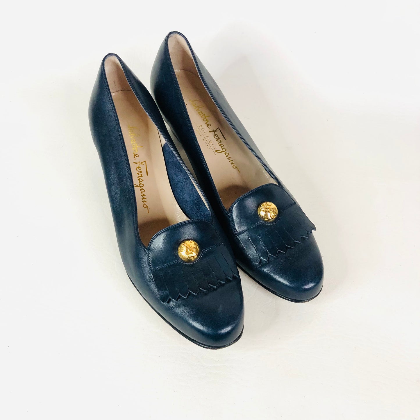 Salvatore Ferragamo Italy Navy Blue Logo Penny Loafer Fringe Heels Size 7B (UK 4)