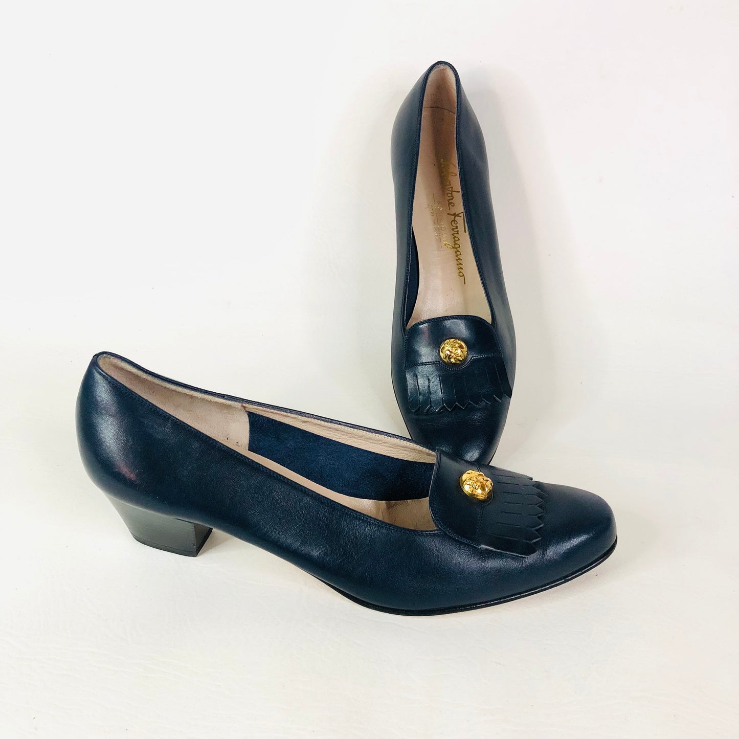 Salvatore Ferragamo Italy Navy Blue Logo Penny Loafer Fringe Heels Size 7B (UK 4)