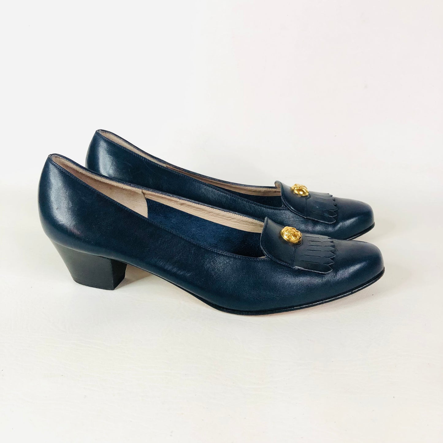 Salvatore Ferragamo Italy Navy Blue Logo Penny Loafer Fringe Heels Size 7B (UK 4)