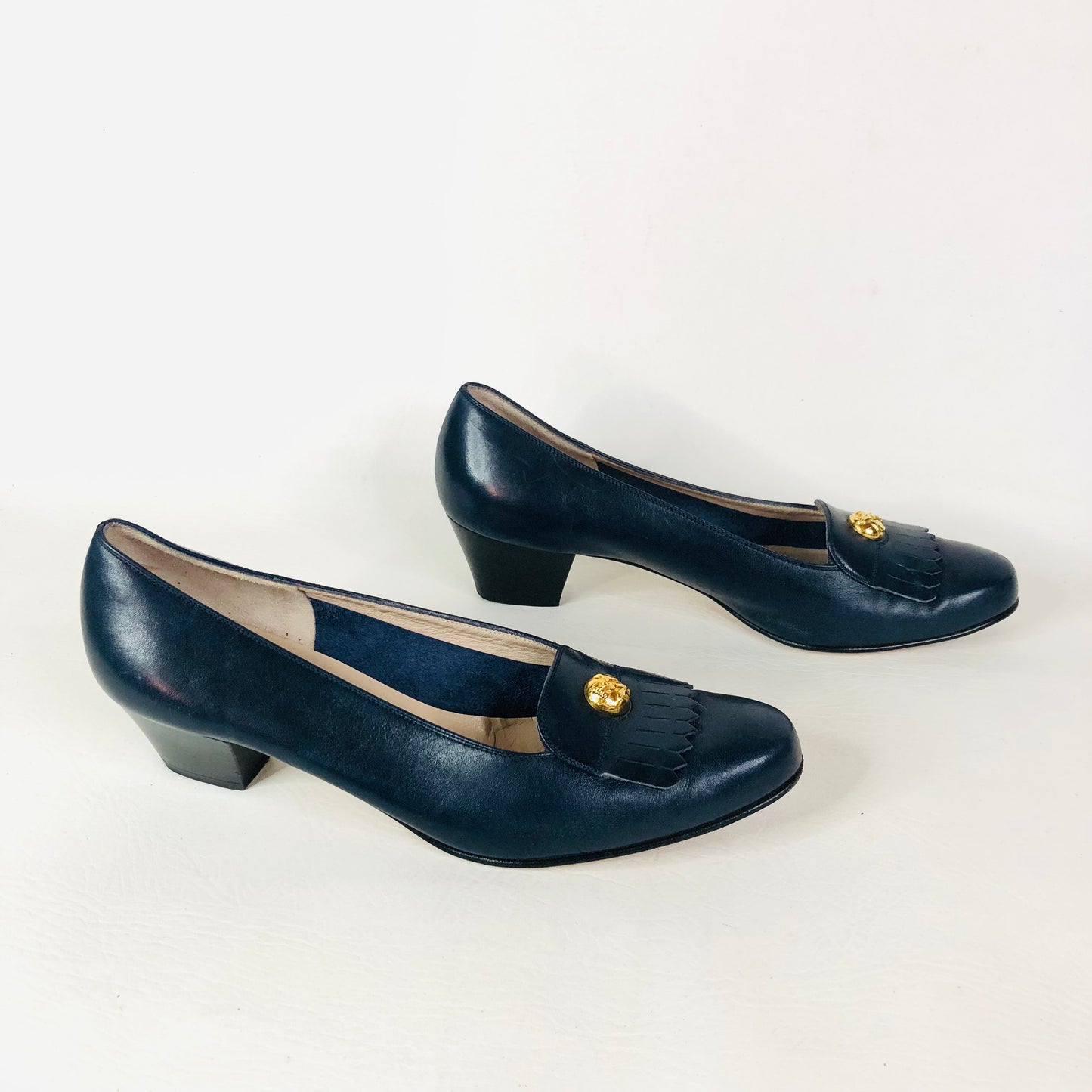Salvatore Ferragamo Italy Navy Blue Logo Penny Loafer Fringe Heels Size 7B (UK 4)