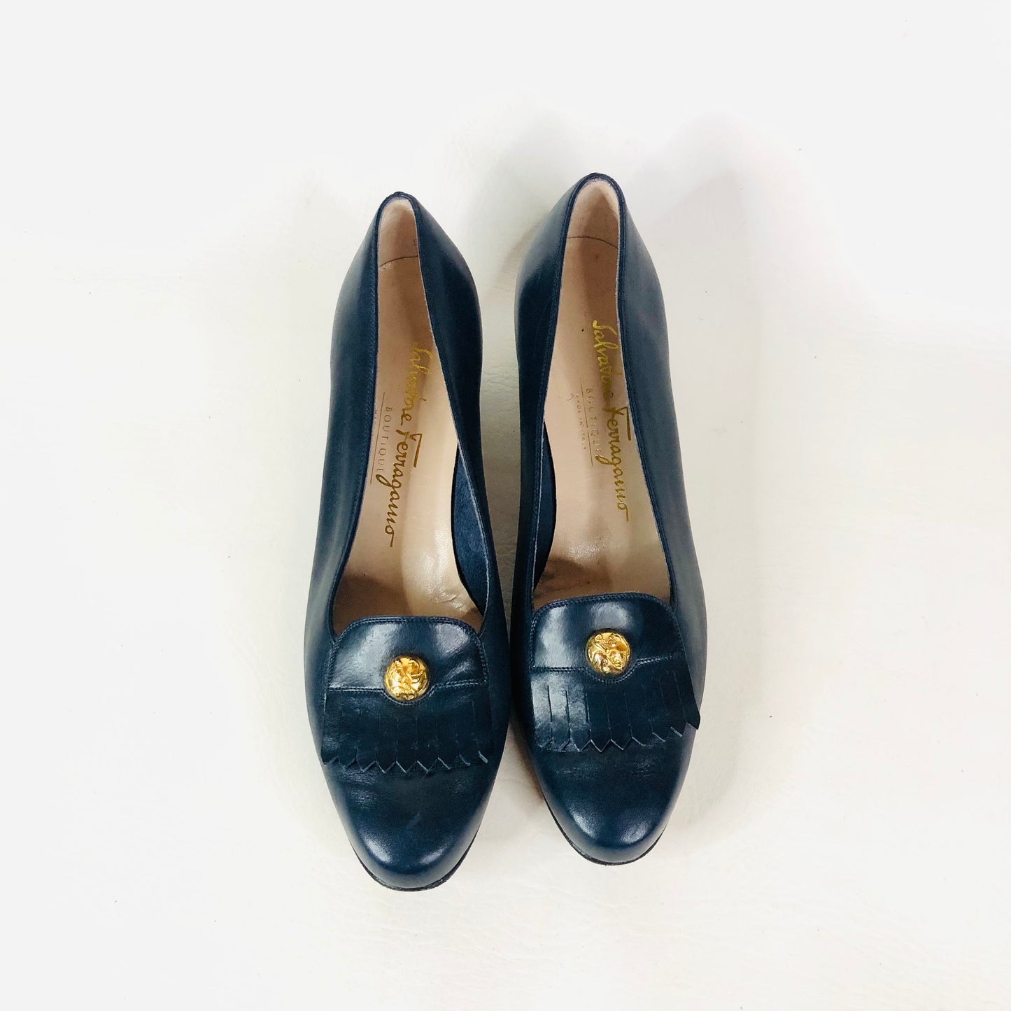 Salvatore Ferragamo Italy Navy Blue Logo Penny Loafer Fringe Heels Size 7B (UK 4)