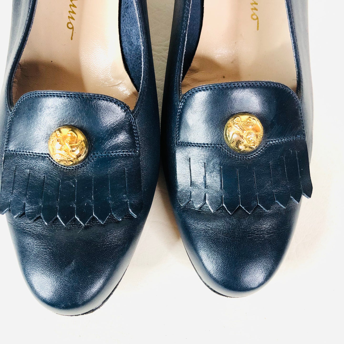 Salvatore Ferragamo Italy Navy Blue Logo Penny Loafer Fringe Heels Size 7B (UK 4)