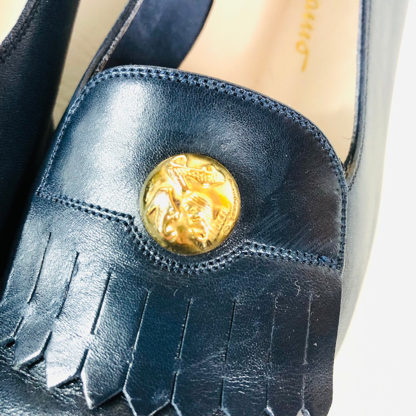 Salvatore Ferragamo Italy Navy Blue Logo Penny Loafer Fringe Heels Size 7B (UK 4)
