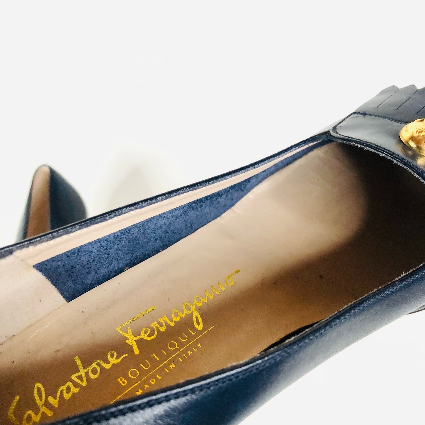 Salvatore Ferragamo Italy Navy Blue Logo Penny Loafer Fringe Heels Size 7B (UK 4)