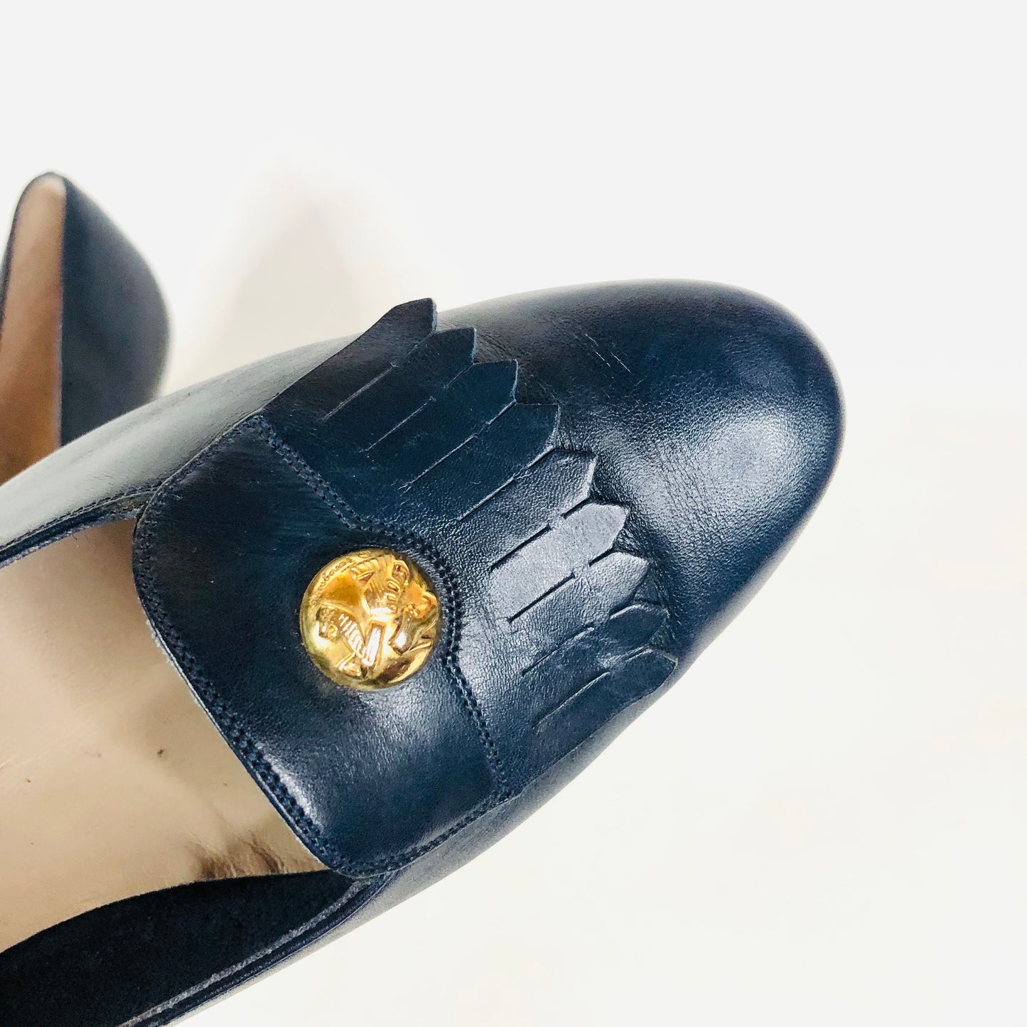 Salvatore Ferragamo Italy Navy Blue Logo Penny Loafer Fringe Heels Size 7B (UK 4)