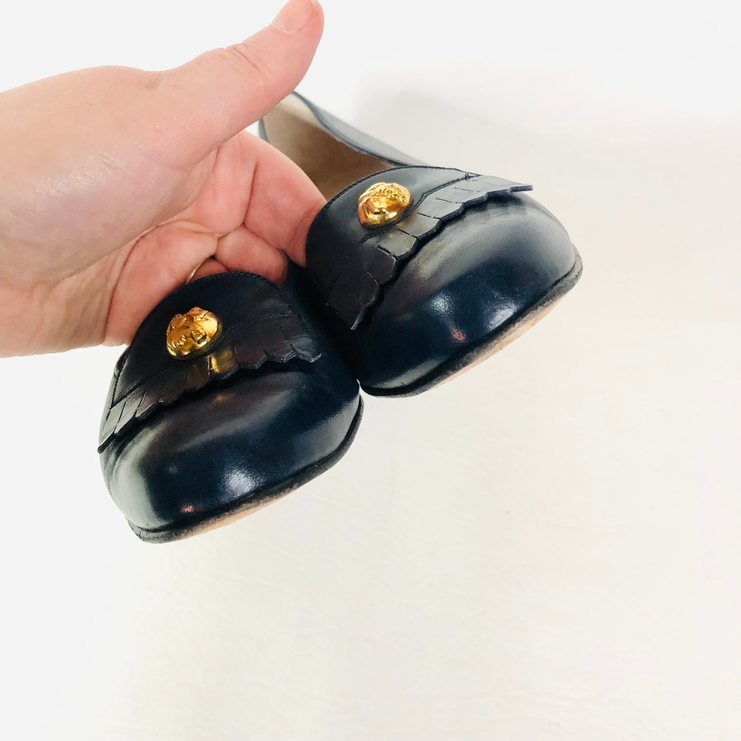 Salvatore Ferragamo Italy Navy Blue Logo Penny Loafer Fringe Heels Size 7B (UK 4)
