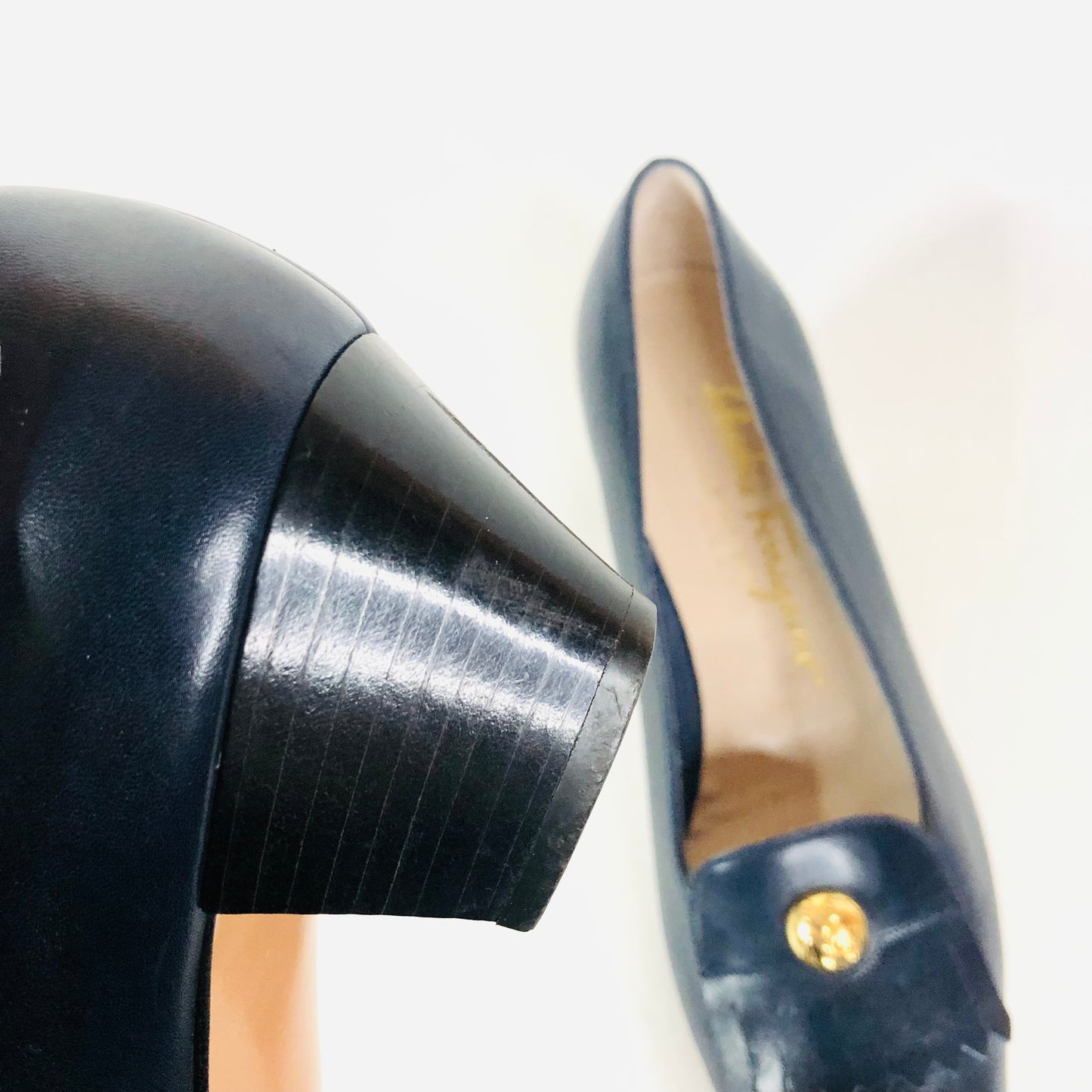 Salvatore Ferragamo Italy Navy Blue Logo Penny Loafer Fringe Heels Size 7B (UK 4)