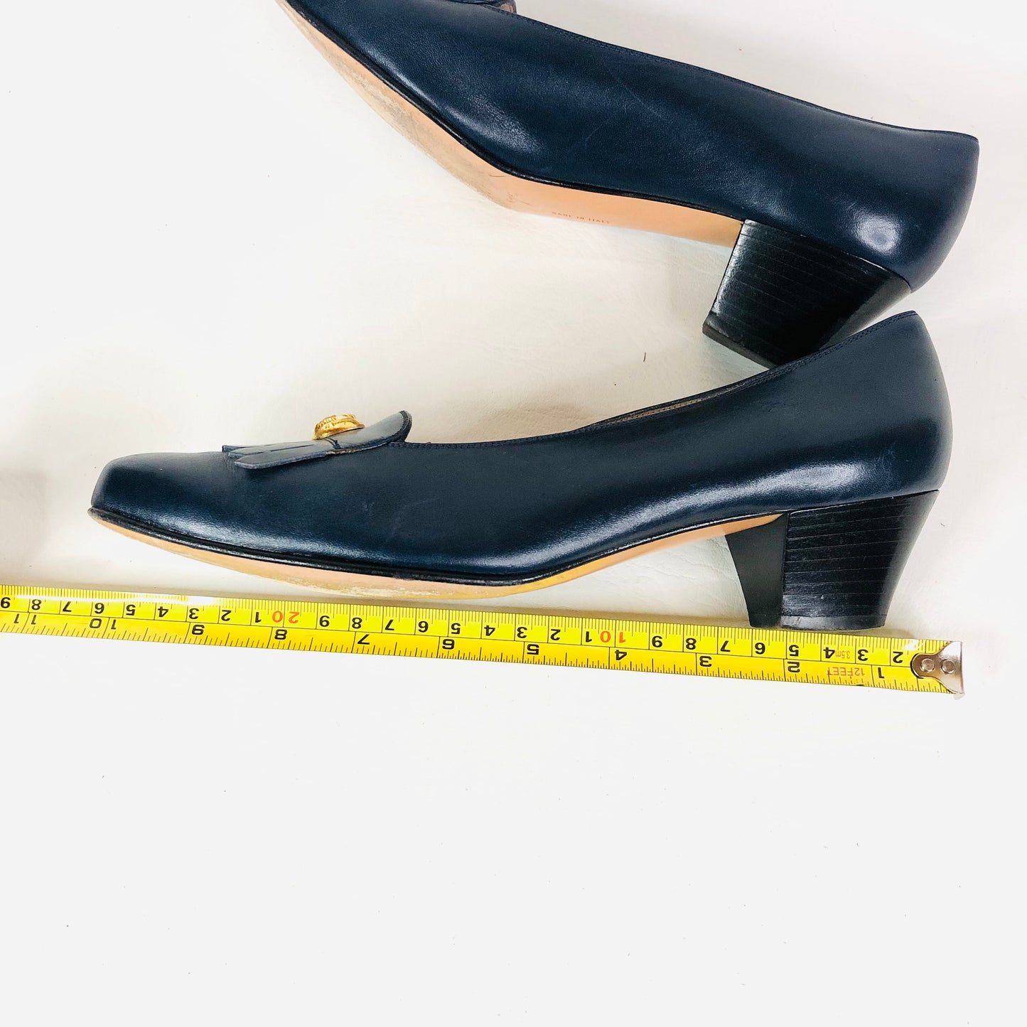 Salvatore Ferragamo Italy Navy Blue Logo Penny Loafer Fringe Heels Size 7B (UK 4)