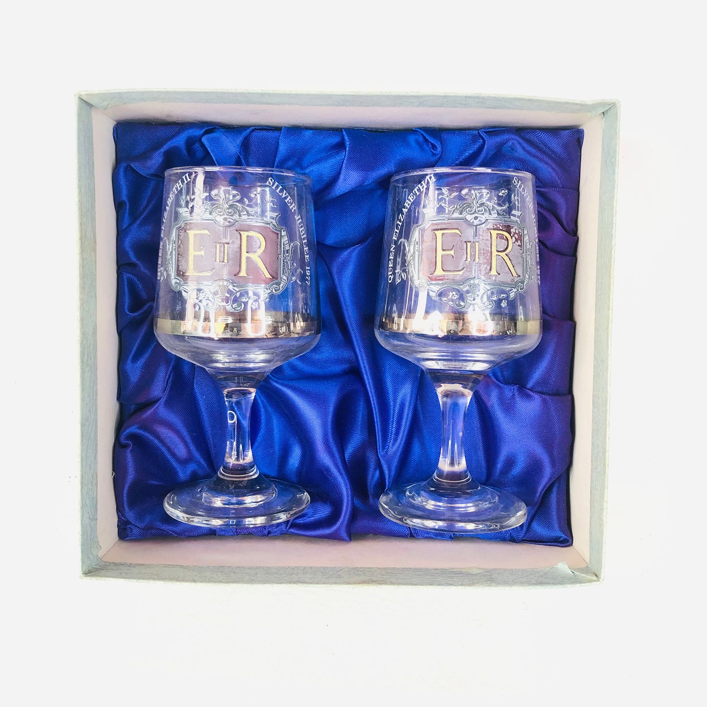 Pair Of Two Vintage Royal Queen Elizabeth II Silver Jubilee Glasses Boxed 1977