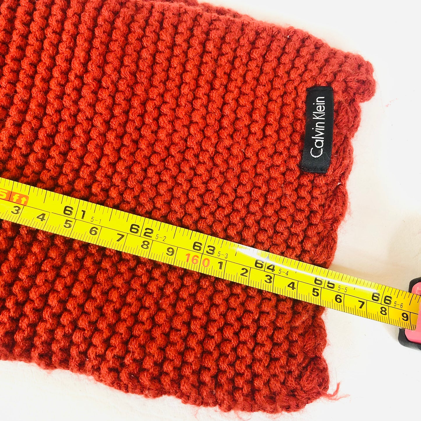 Calvin Klein Burnt Orange Red Acrylic Knitted Scarf 16 X 165cm Unisex