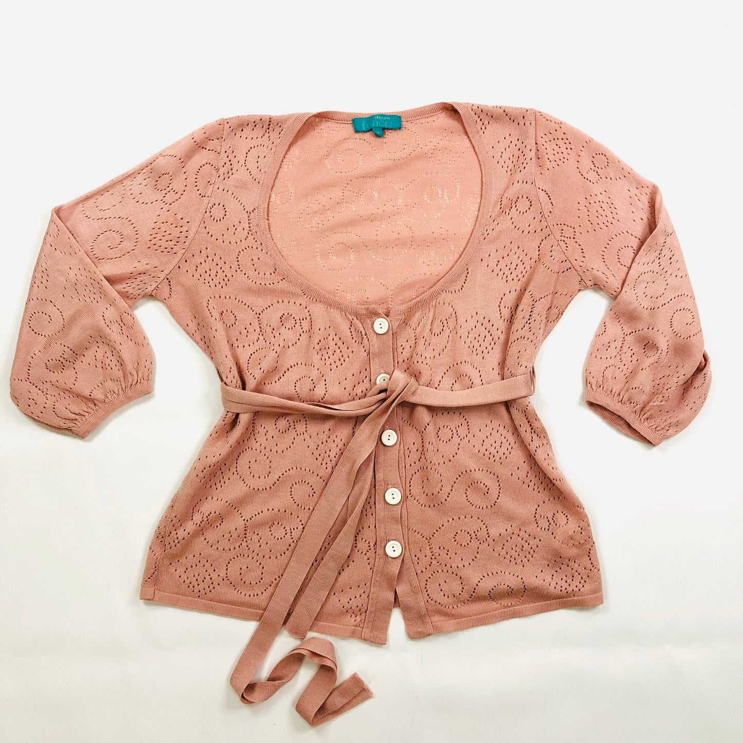 Monsoon Fusion Light Pink Balloon 3/4 Sleeve Tie Cardigan Size M
