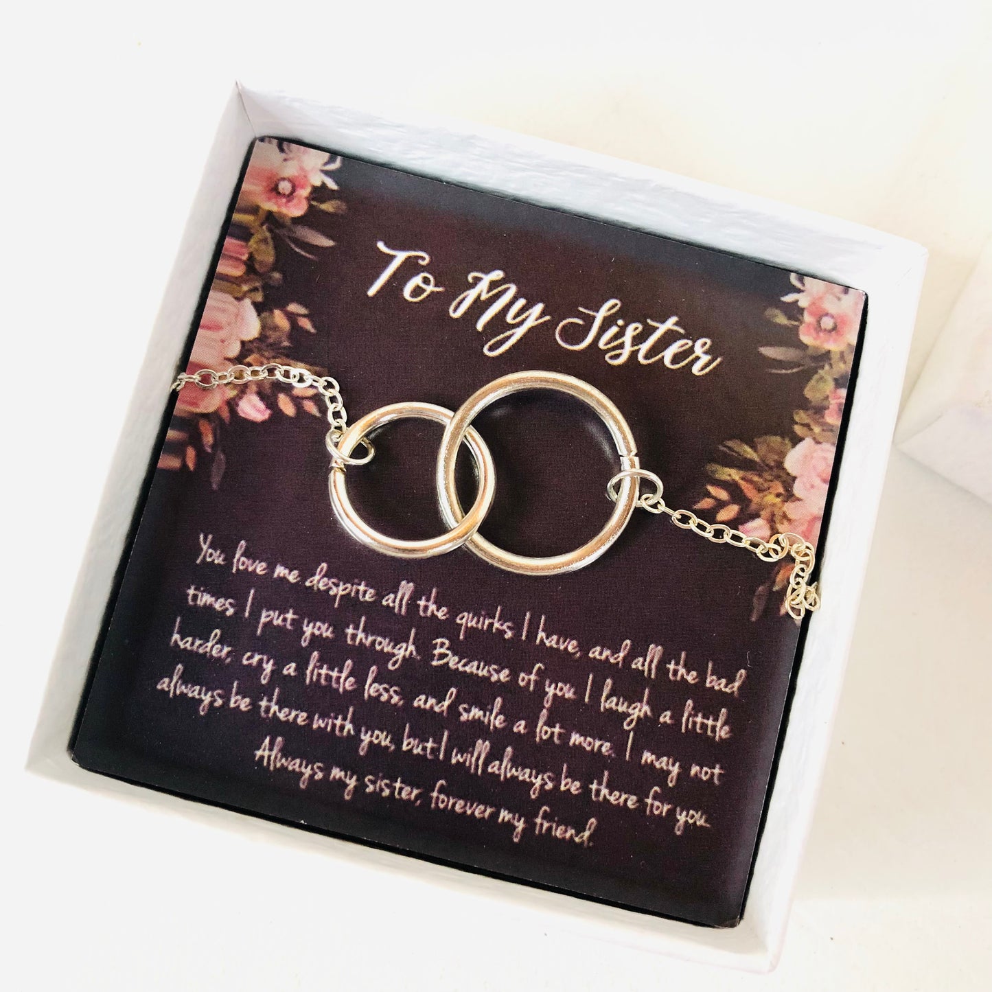 Sister Gift Necklace Interlocking Rings Silver Chain Gift Box With Message