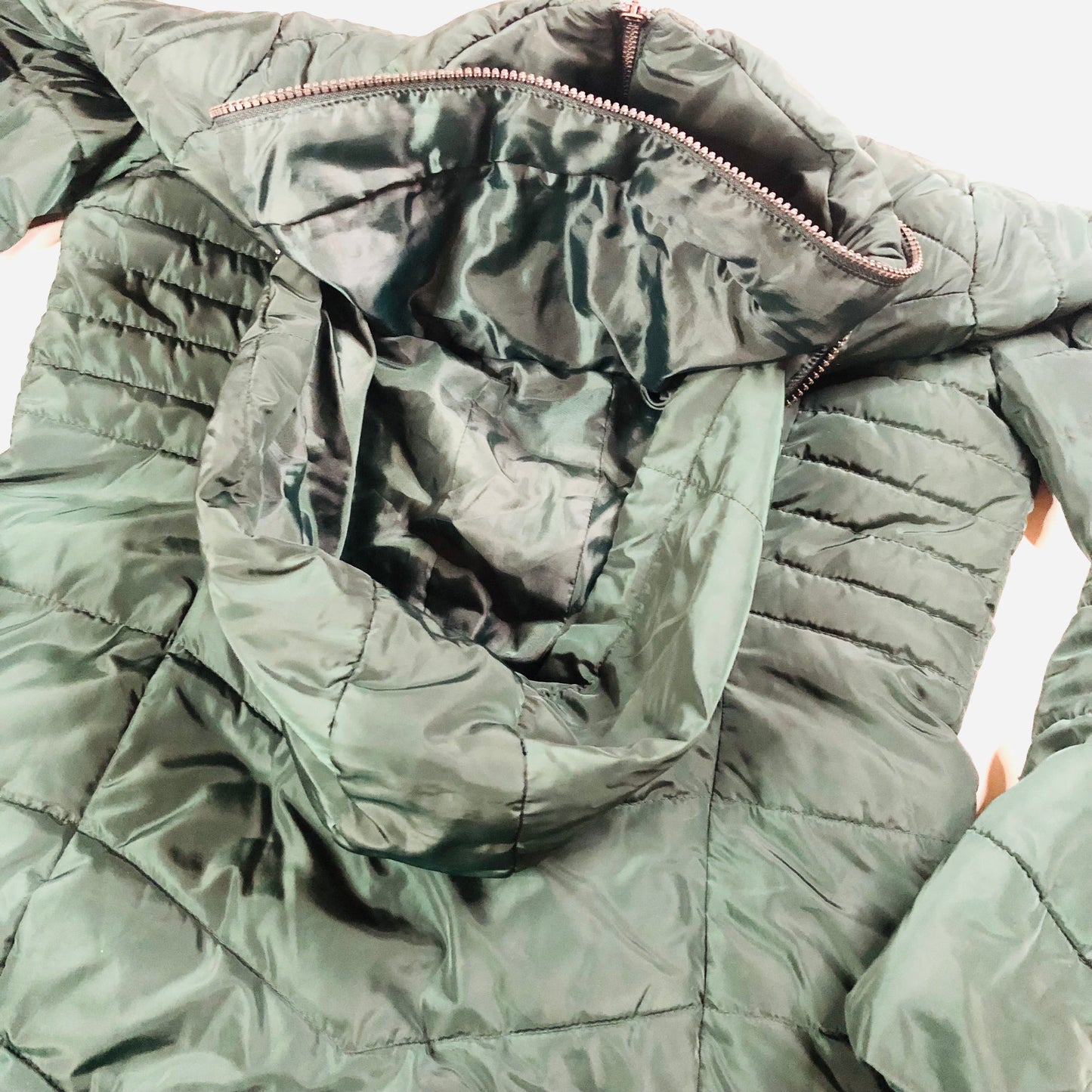 Next Ladies Dark Green Padded Winter Coat With Concealed Hood Size 10