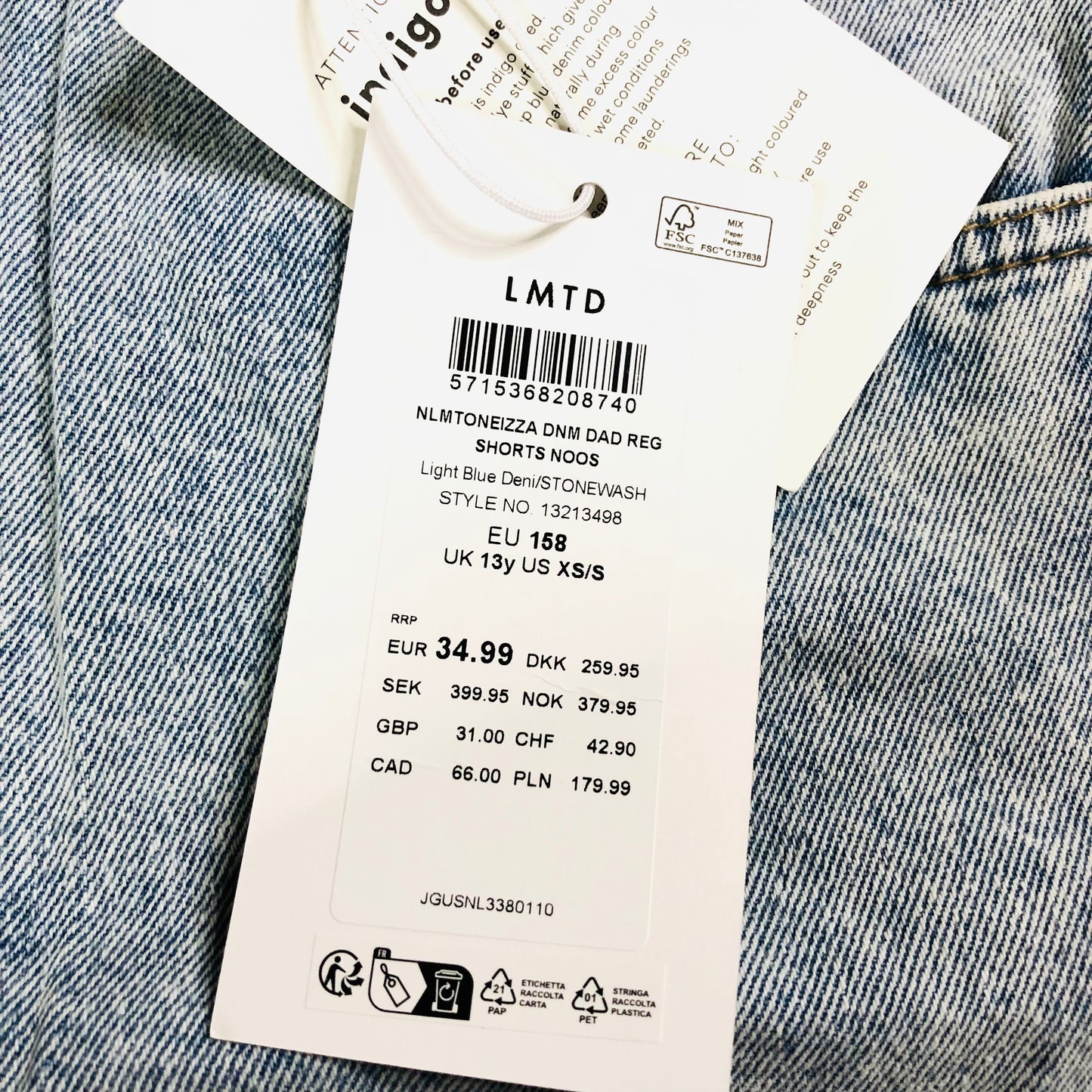 LMTD Light Blue Stonewash Denim Shorts Age 13 Years (EU 158) NEW