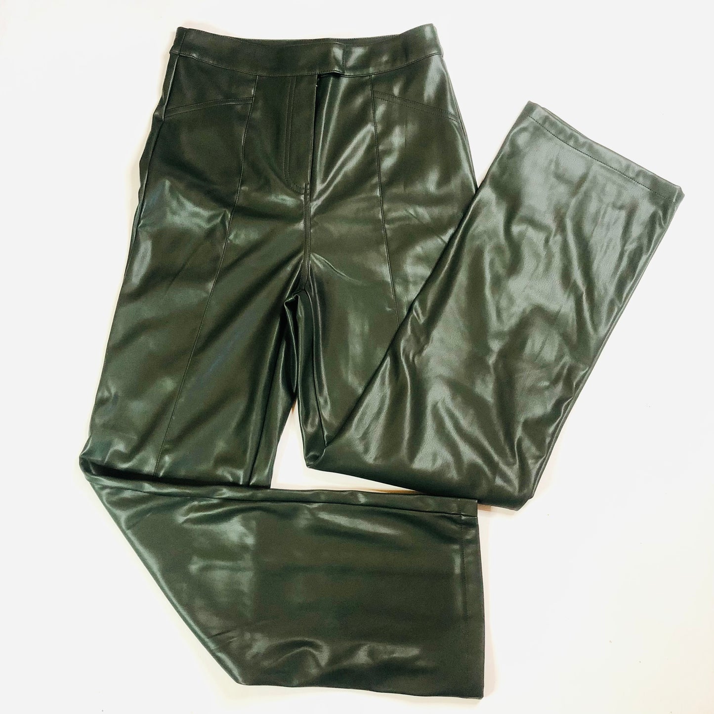 Urban Bliss Dark Khaki Green Faux Leather PU Wide Leg Trousers Size 10 NEW