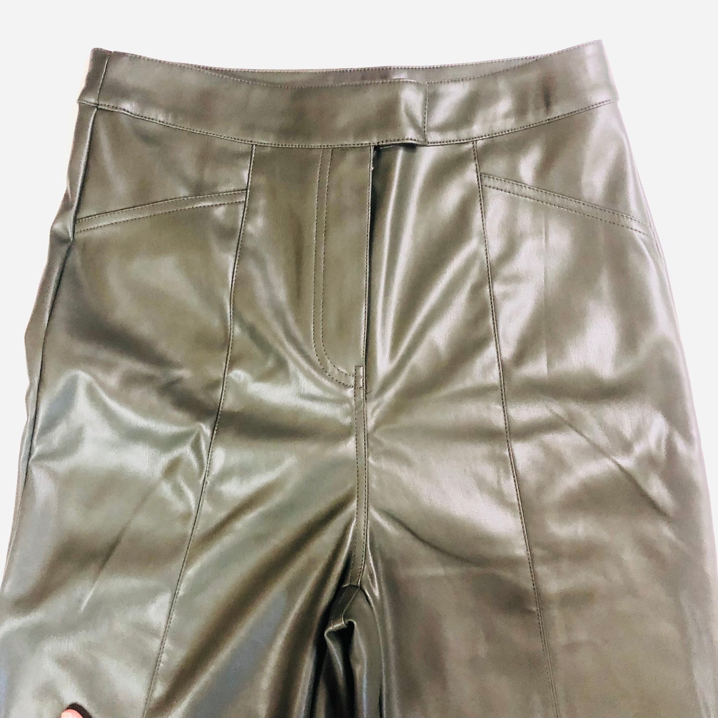 Urban Bliss Dark Khaki Green Faux Leather PU Wide Leg Trousers Size 10 NEW