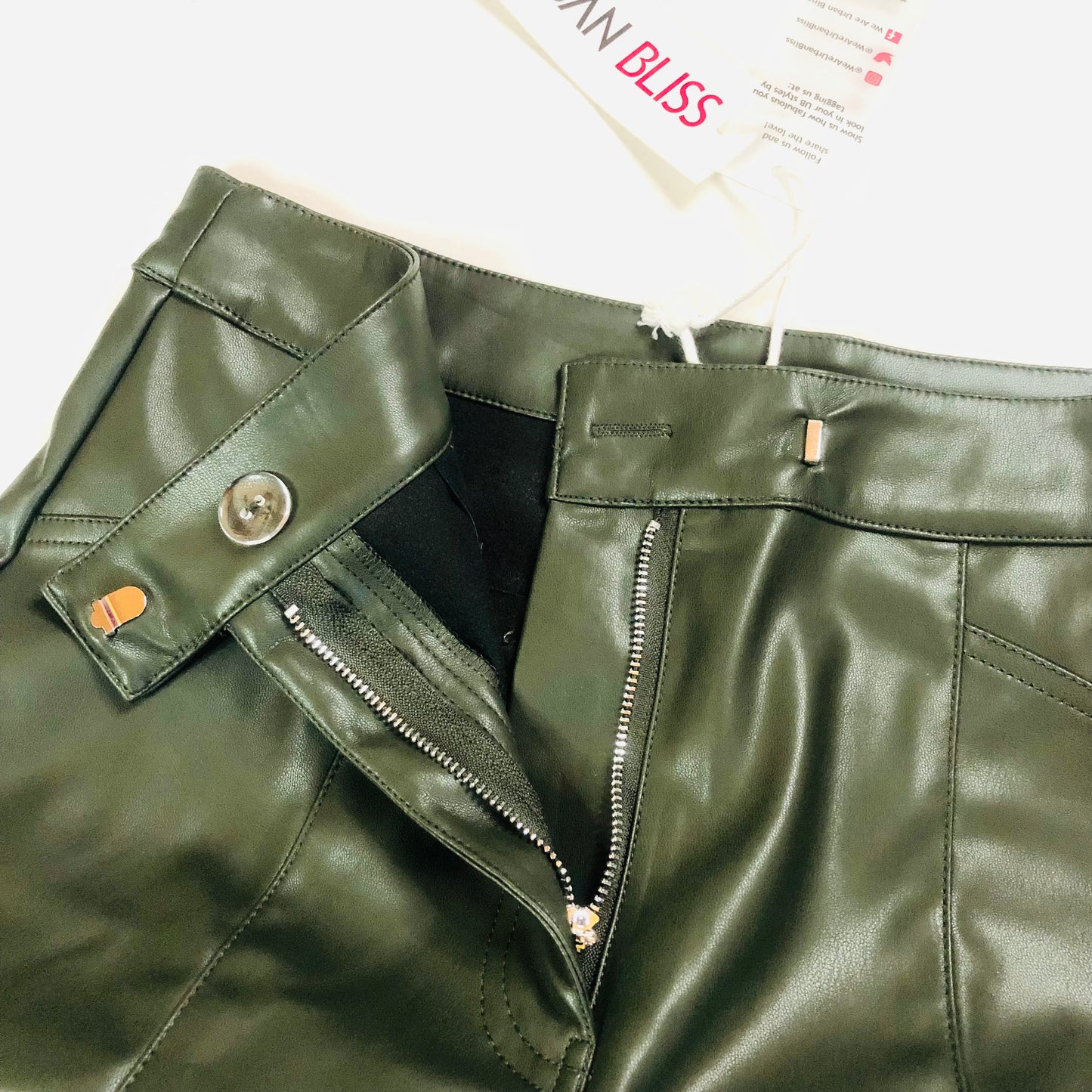 Urban Bliss Dark Khaki Green Faux Leather PU Wide Leg Trousers Size 10 NEW