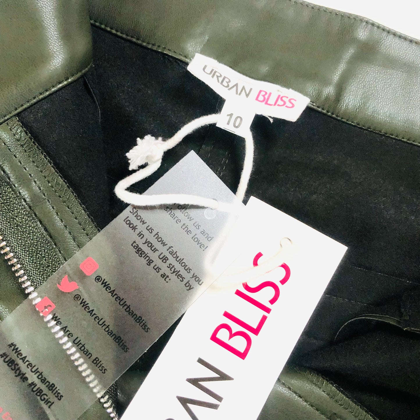 Urban Bliss Dark Khaki Green Faux Leather PU Wide Leg Trousers Size 10 NEW